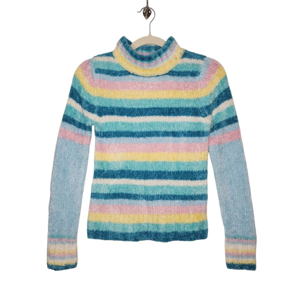 Vintage y2k Energie Stripe Mock Turtle Neck Sweater Pastels Art Youth GIrls LG